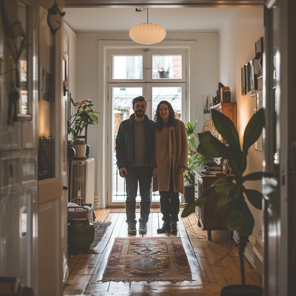 couple standing open front door