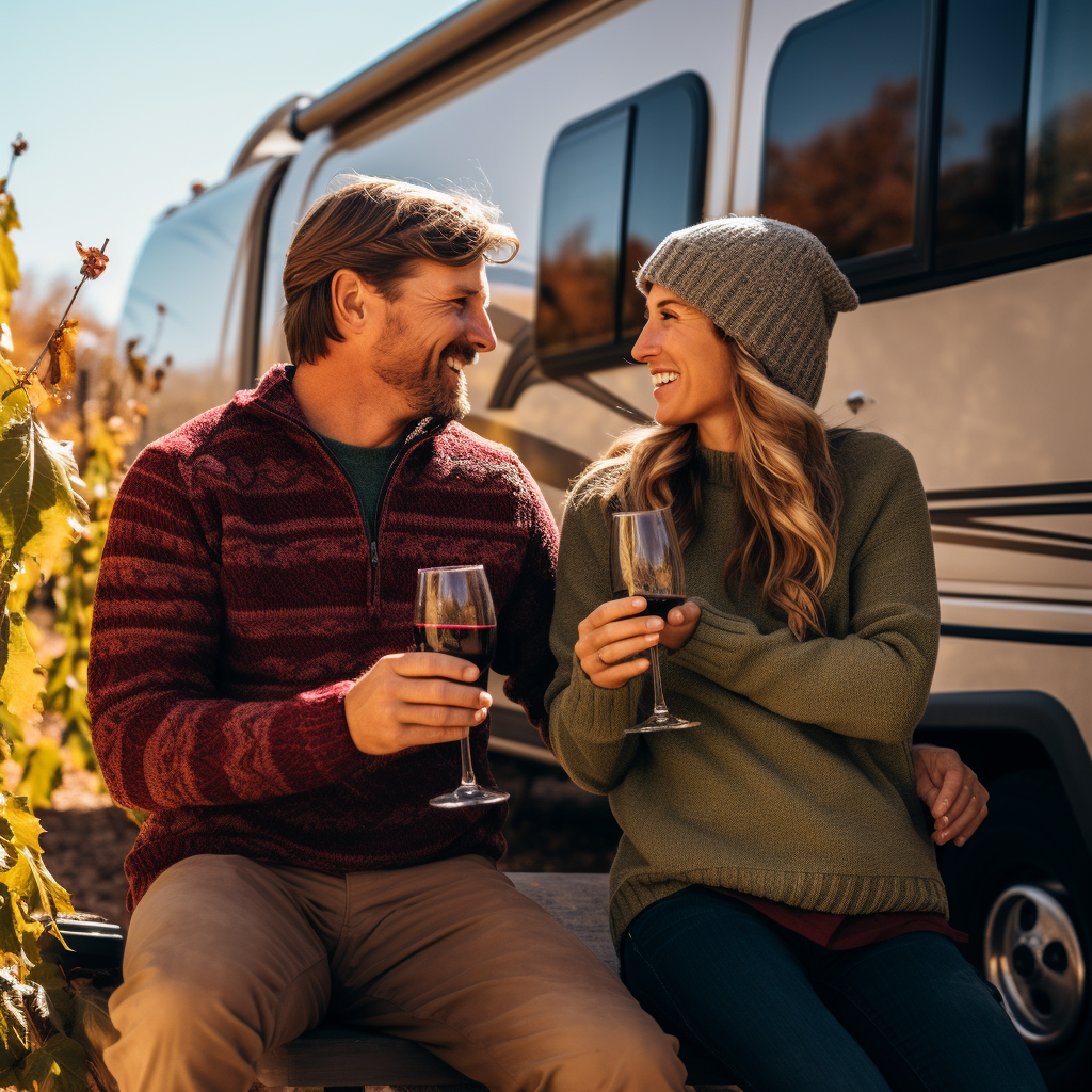 Couple drinking wine surrounded by grapevines