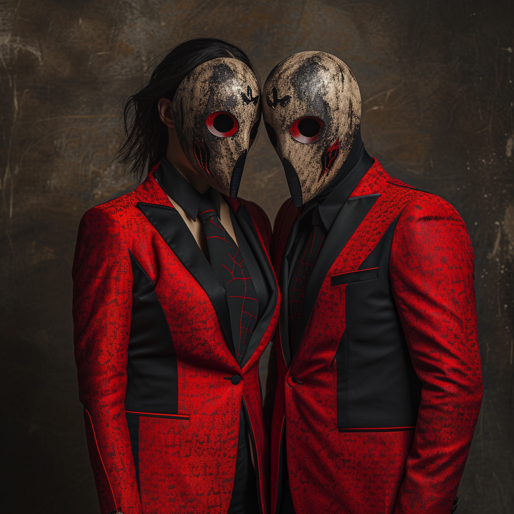 Couple with Symbol Mask and Black and Red Suit in Studio