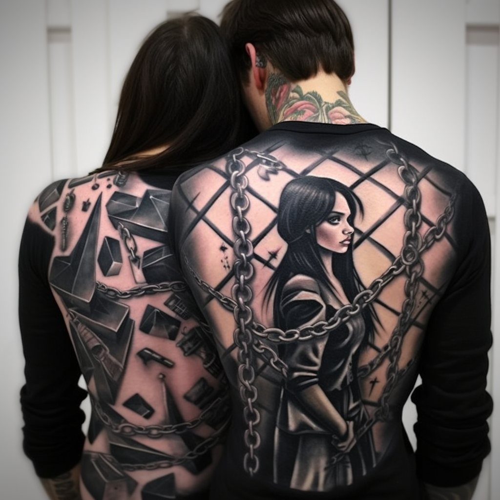 Couple tattoo with insane asylum strait jacket