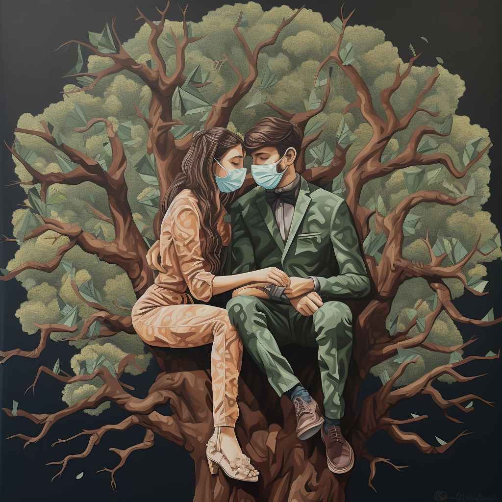 Couple wearing medical mask in tree