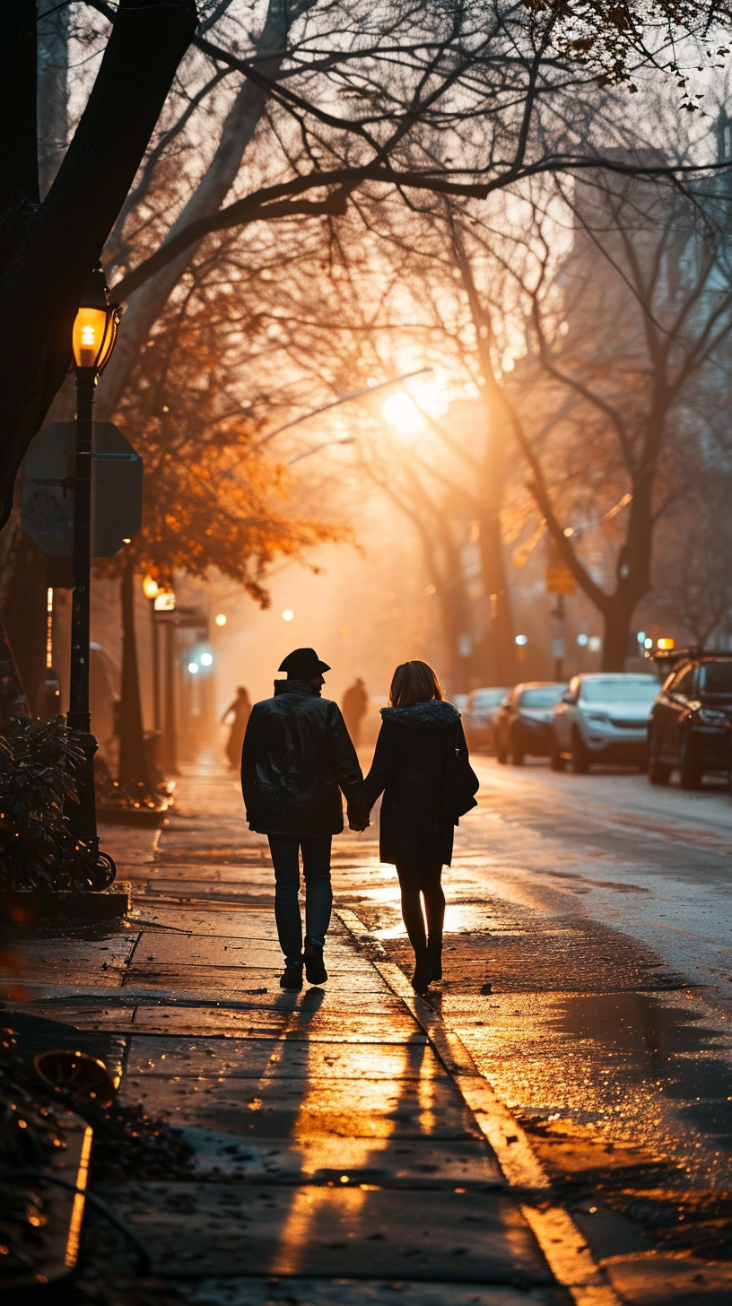 Romantic couple walking on a street