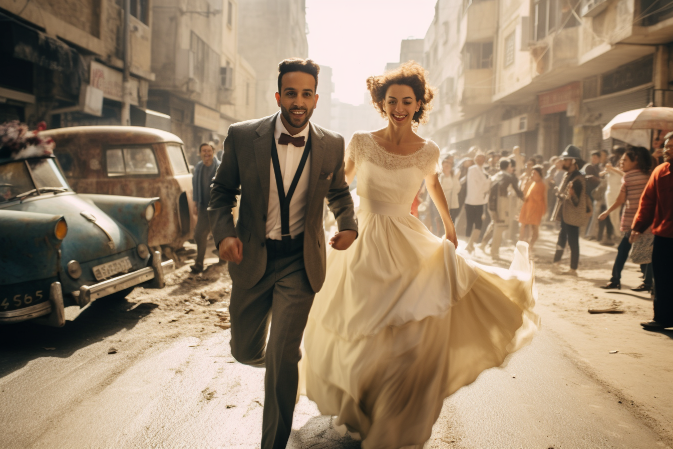 Couple running in Amman downtown with confetti