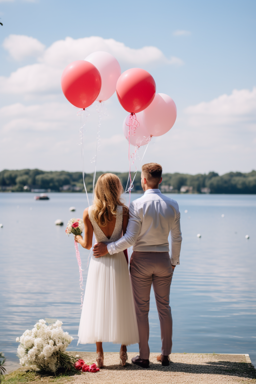 Couple at Lakeside with Colorful Balloons