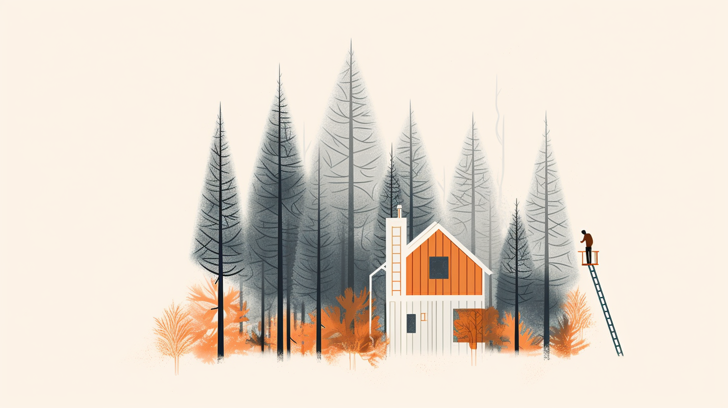 Minimalistic illustration of couple building house in pine forest