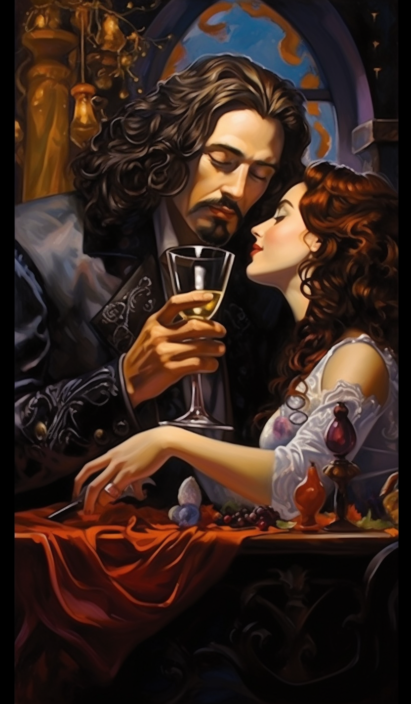 Couple drinking from chalices in cosmic harmony