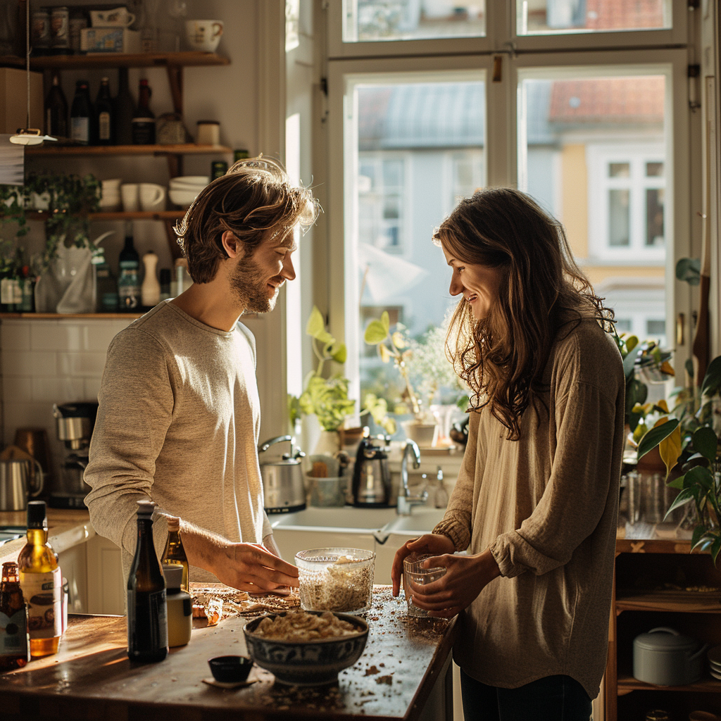 Couple at kitchen bar talking