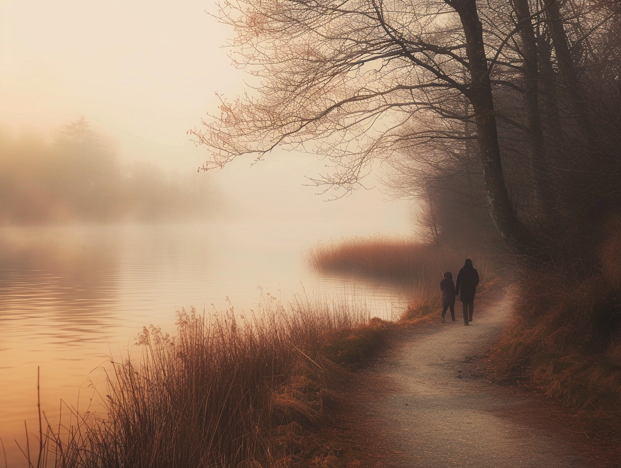 Couple Walking Along Misty Lake