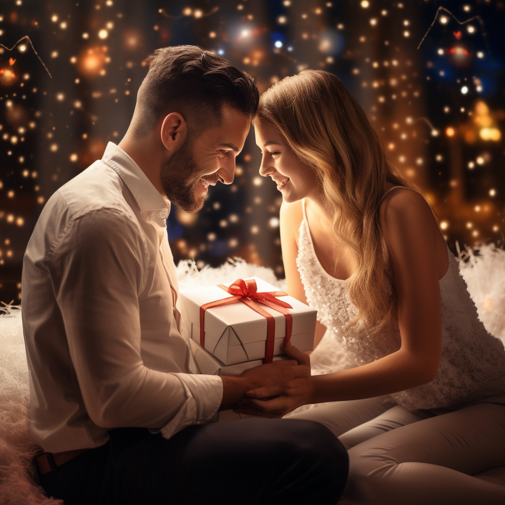 Romantic couple with surprise gifts