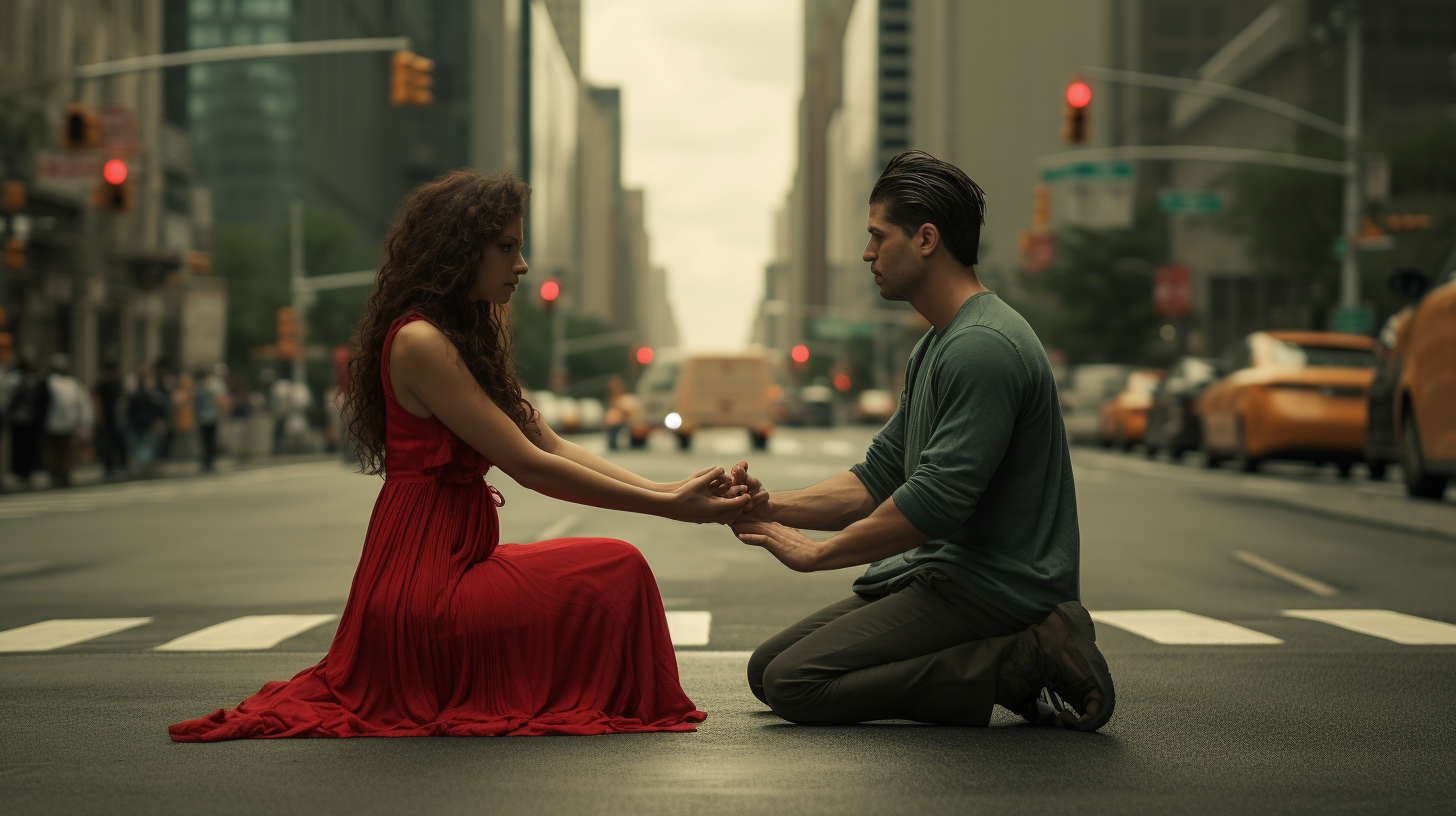 Couple street scene with hand gesture