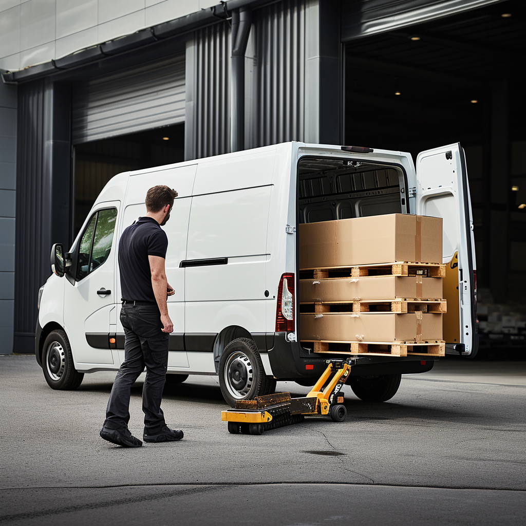 Courier loading white van with pallet truck