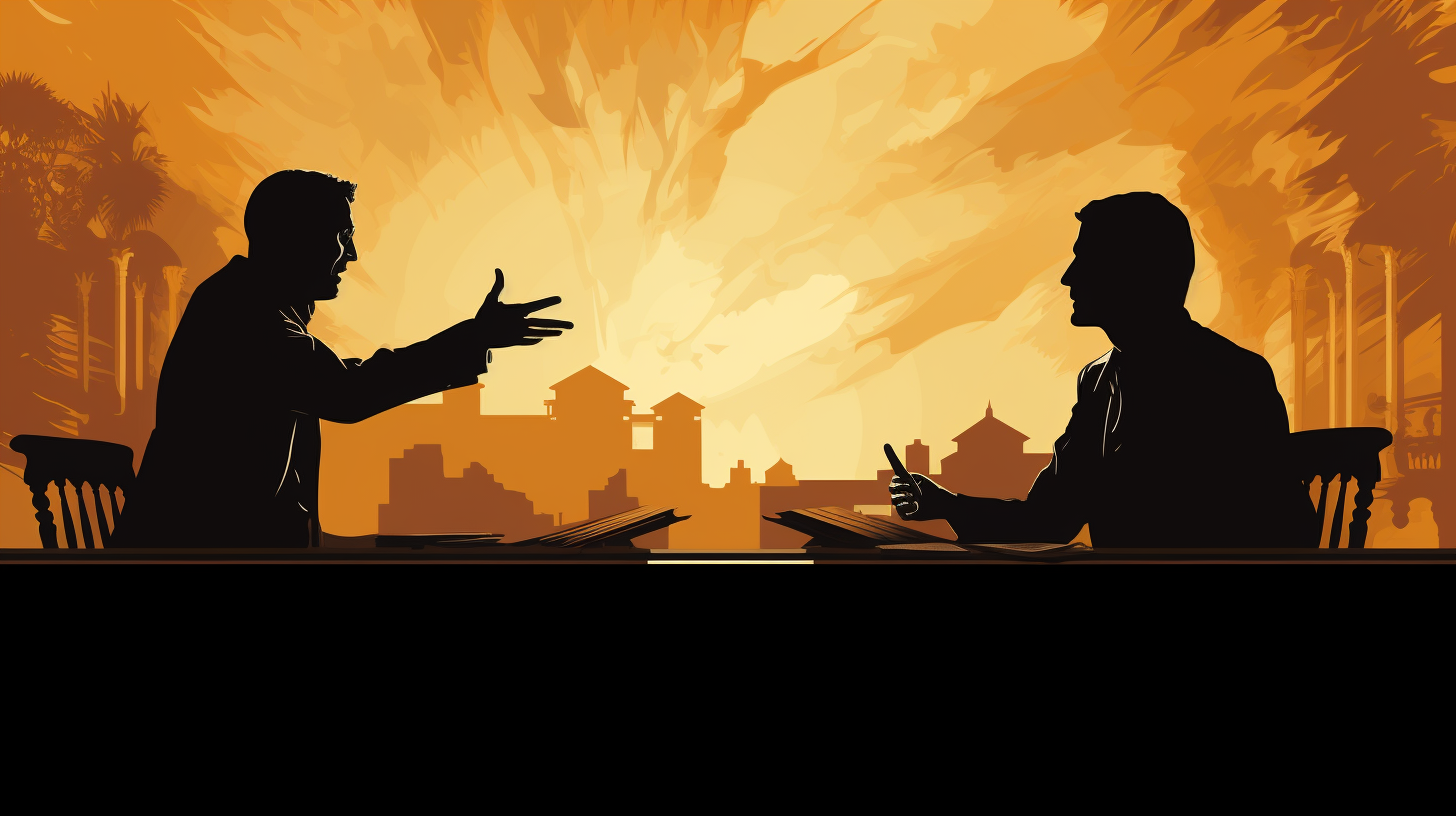 Silhouette of two advocates arguing in court