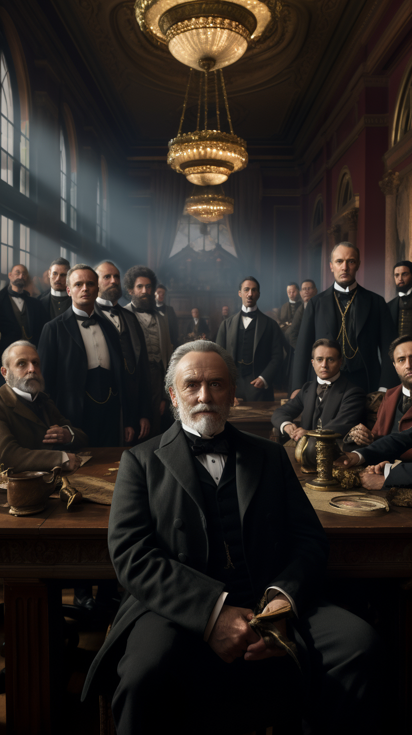 Lawyers and judges in 19th century courtroom