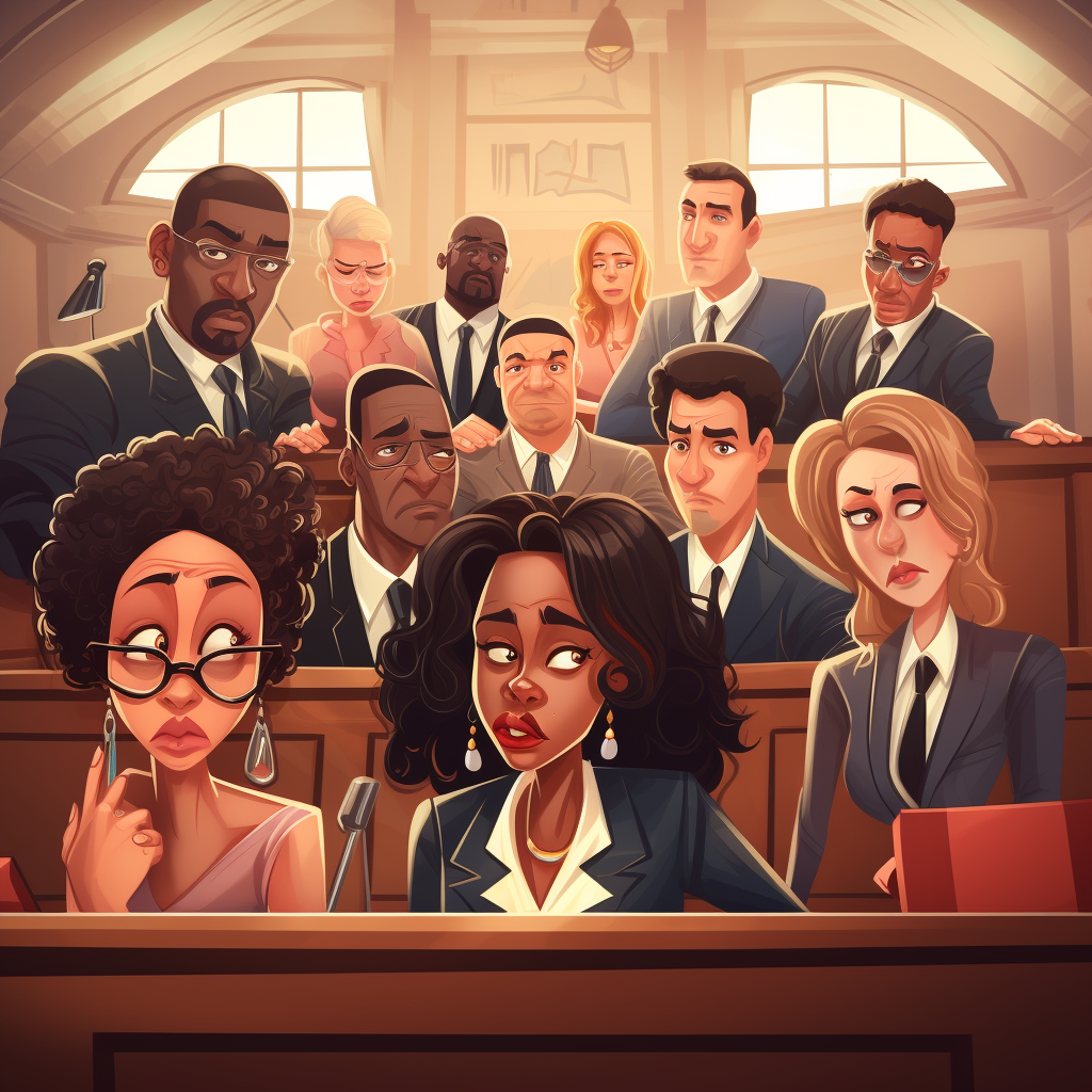 Cartoon-style courtroom drama with defendants and jury