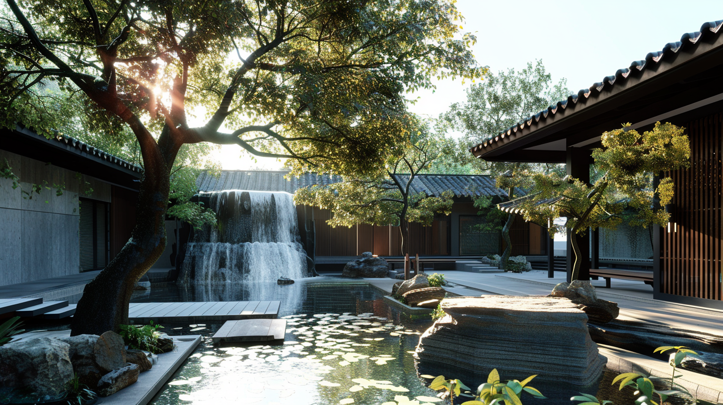 Courtyard with Modern Waterfall Feature