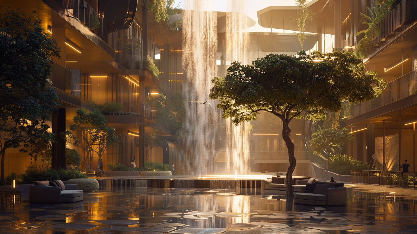 Modern Courtyard Oasis Waterfall Tree