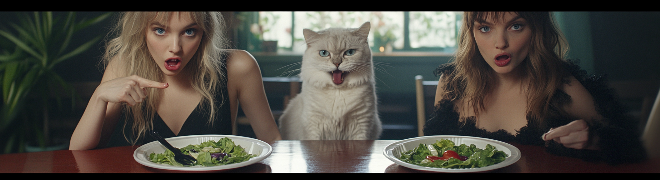 Elizabeth Olsen black dress pointing food tray