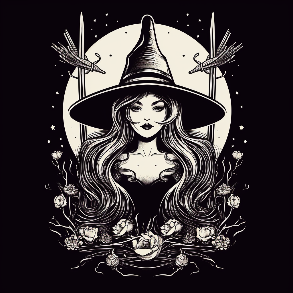 Illustration of tattooed witch with three brooms