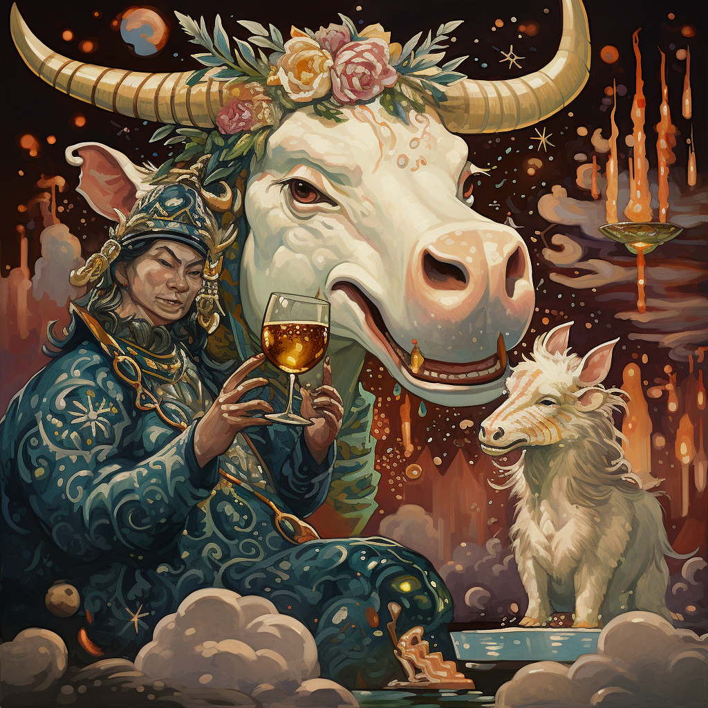 Cow drinking champagne with Asian dragon celebrating New Year