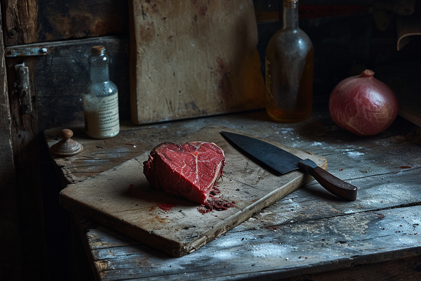 Image of a cow heart with butcher cleaver