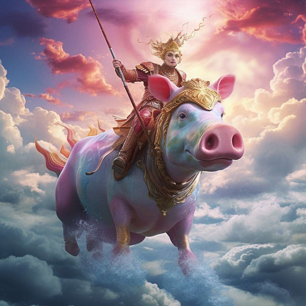 Cow riding carp above clouds