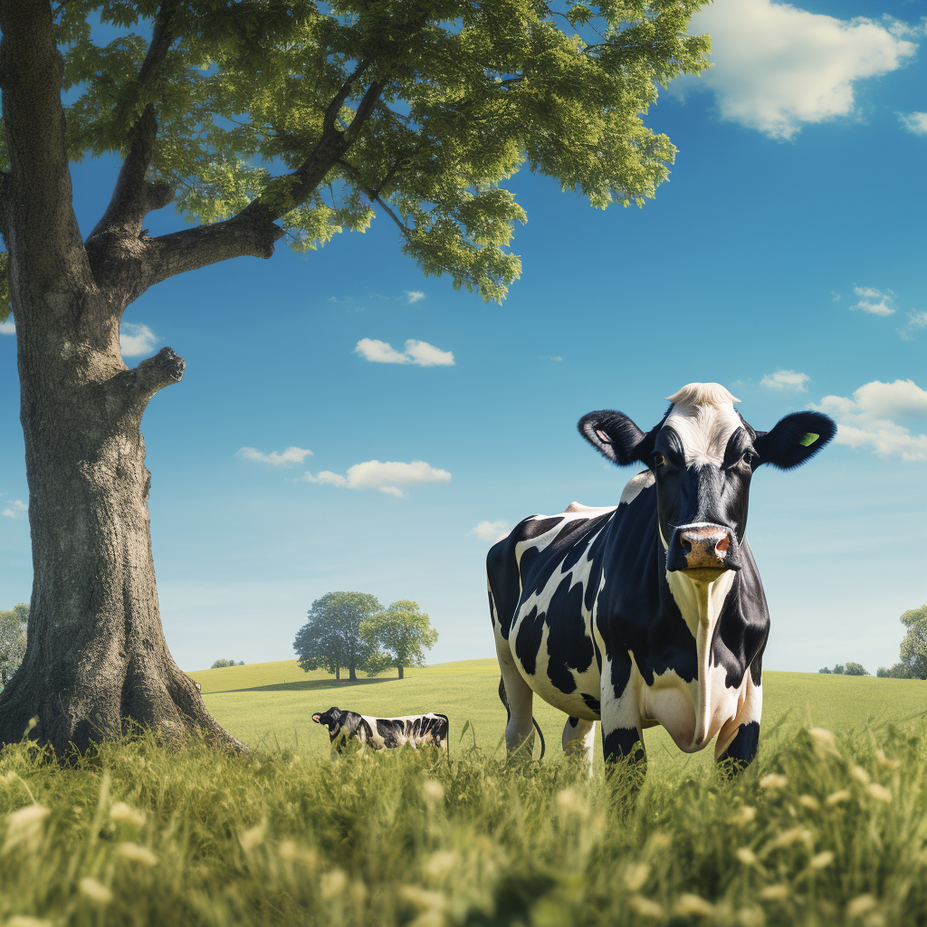 Cow on Grassfield with Blue Sky and Trees