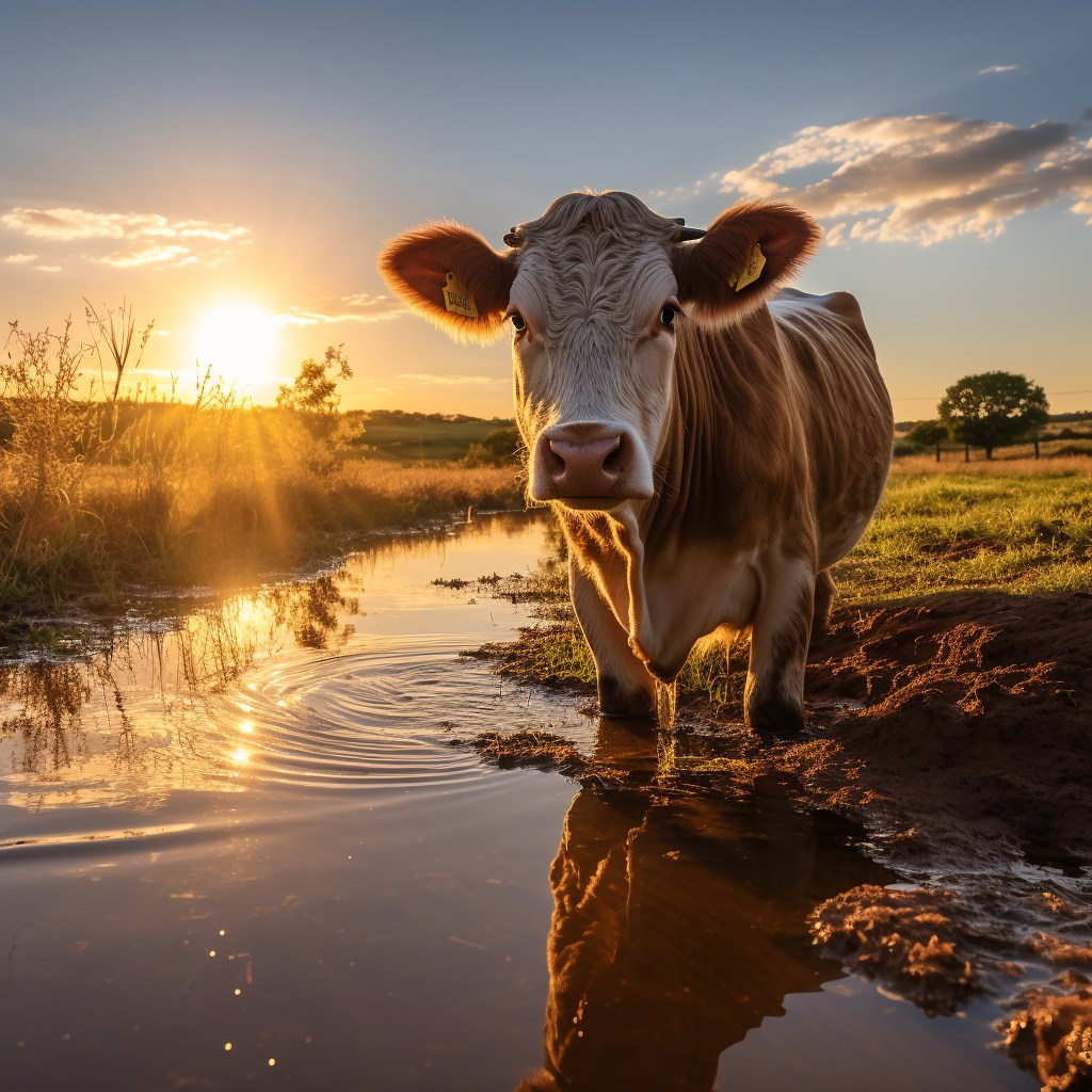 Cow reflection in farm pond at sunset