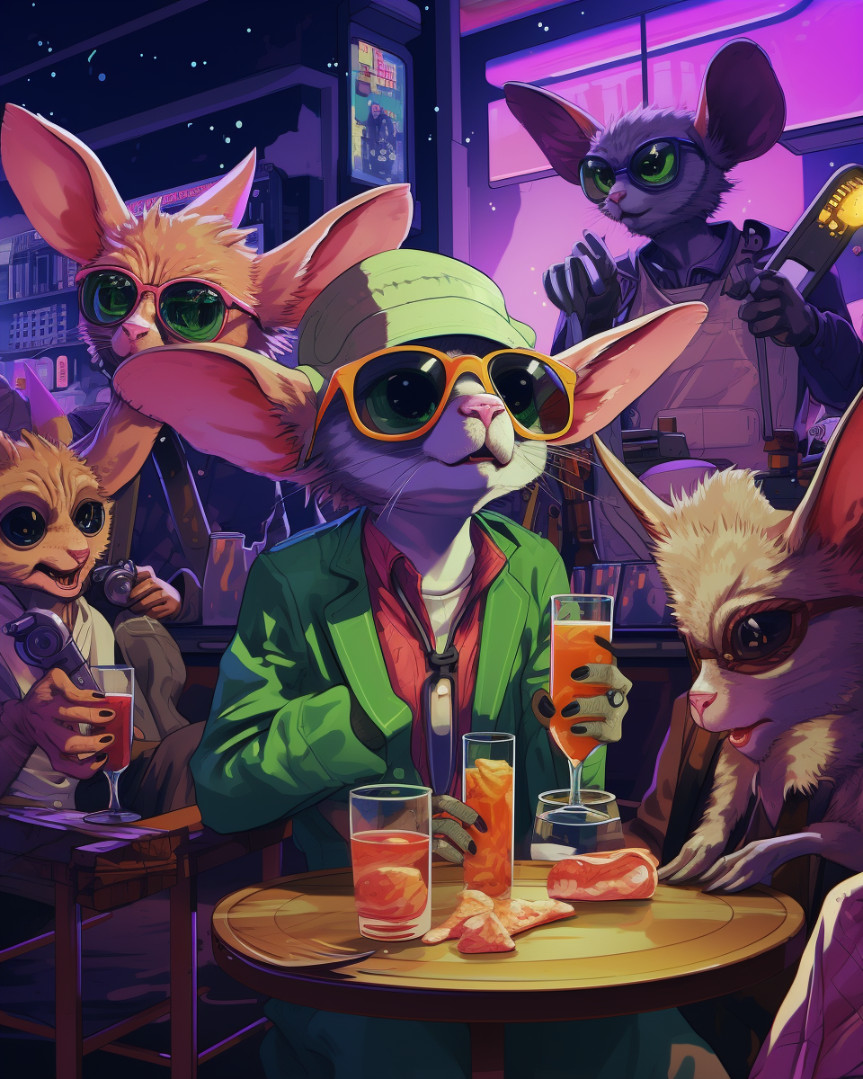 Exuberant green alien mice playing tabletop games