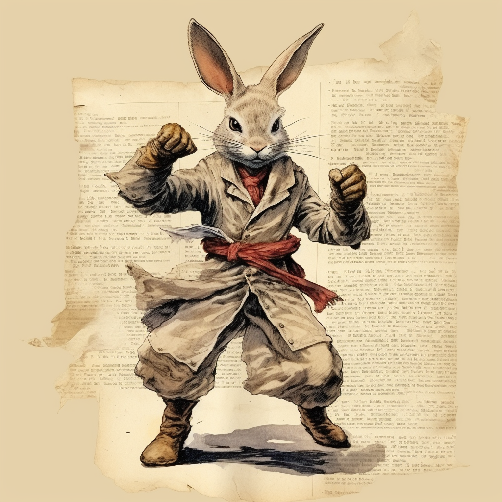 Anthropomorphic bunny man dressed as cowboy fighting monk