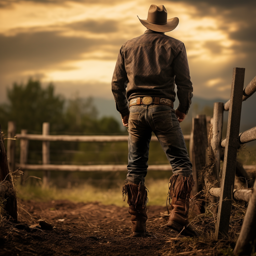 Cowboy in denim jeans and plad shirt with leather chaps