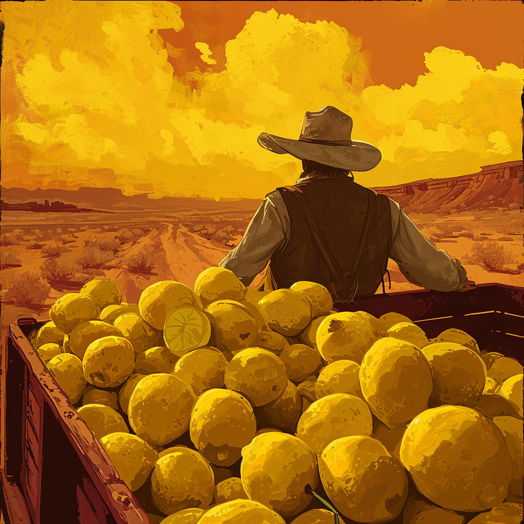 Cowboy driving wagon with lemons