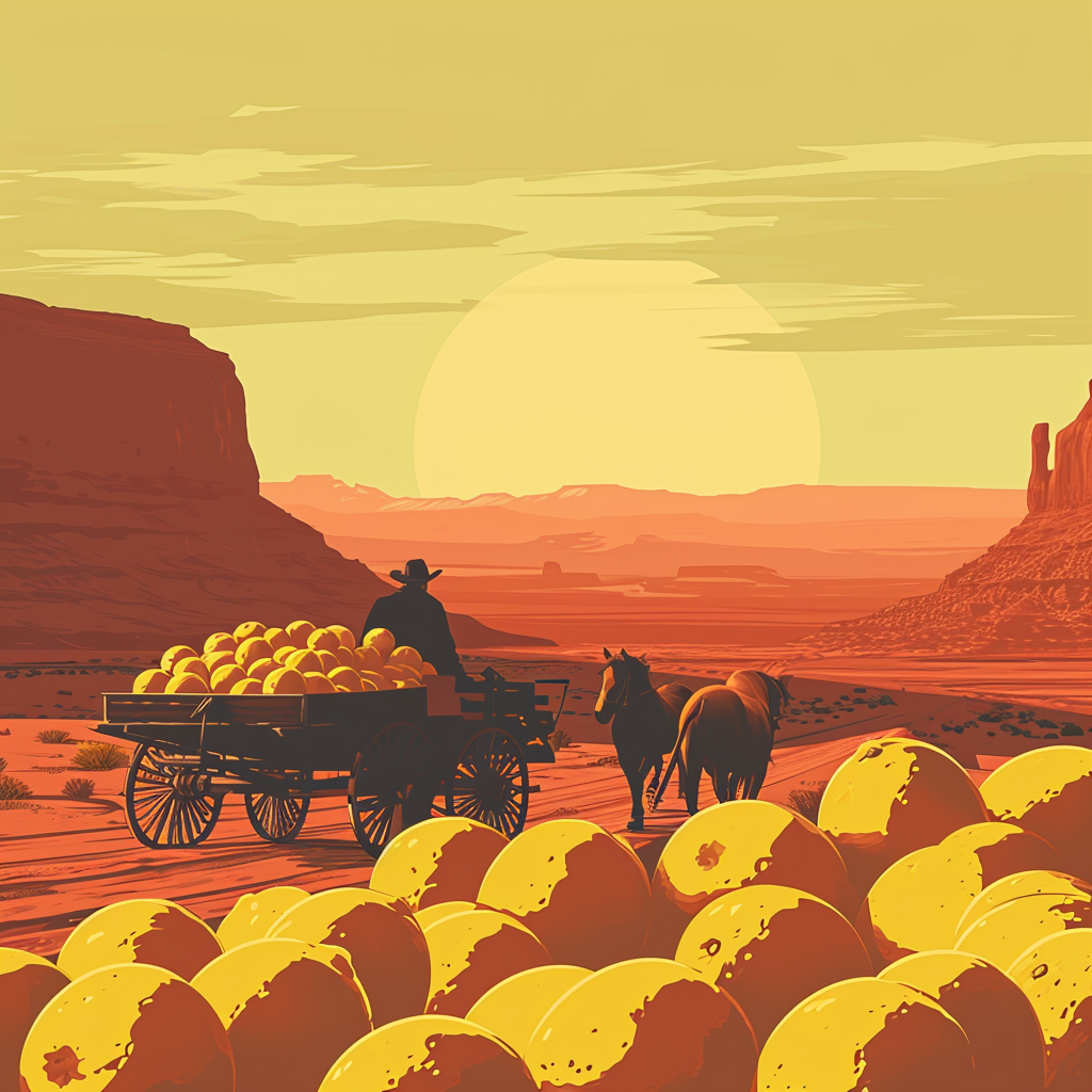 Cowboy driving wagon with horses and lemons