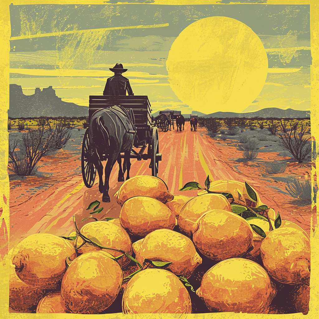 Cowboy driving wagon with horses and lemons