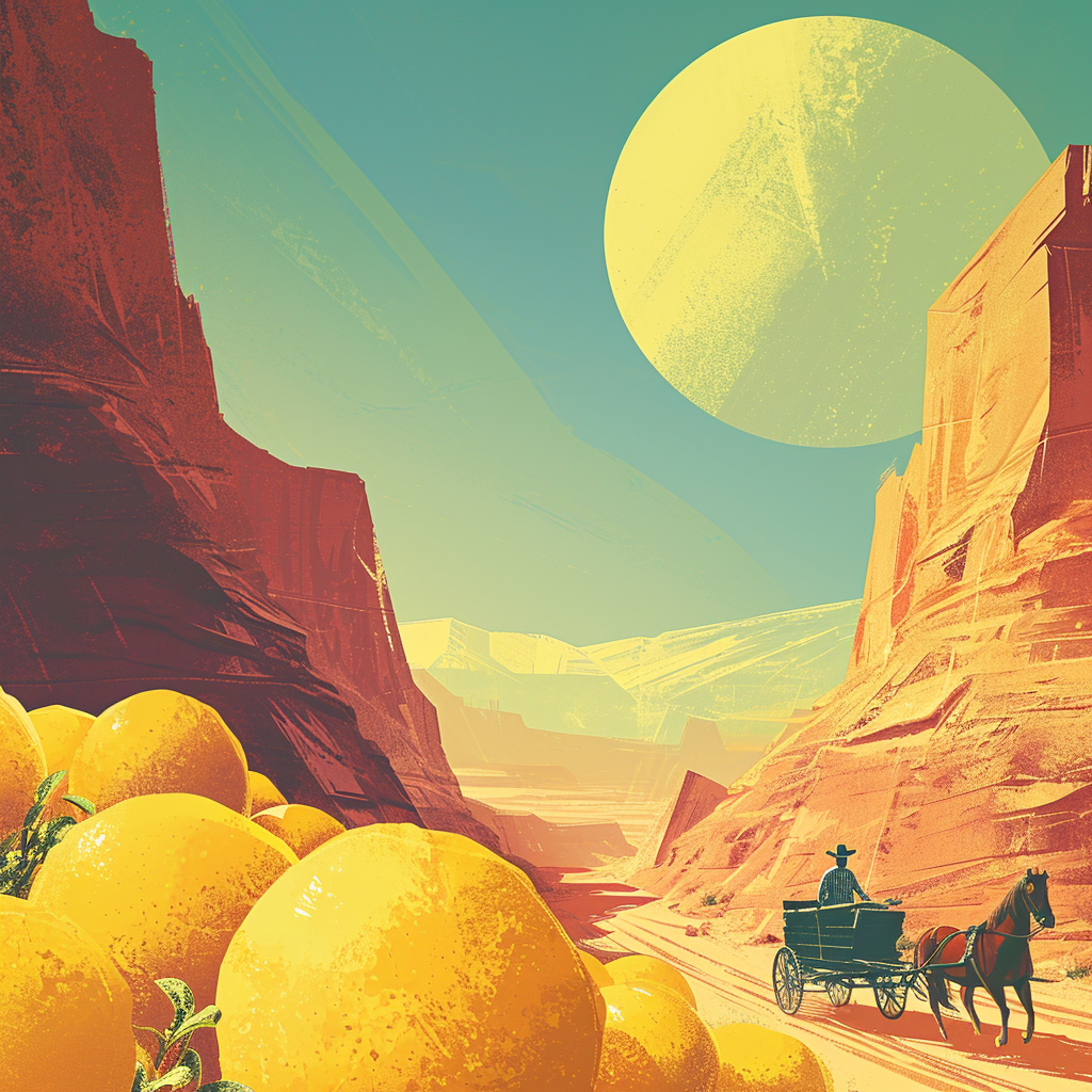 Cowboy driving wagon with lemons in western desert