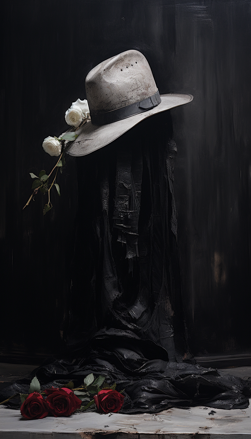 Dark style cowboy hat, rope, wilted flowers, gun