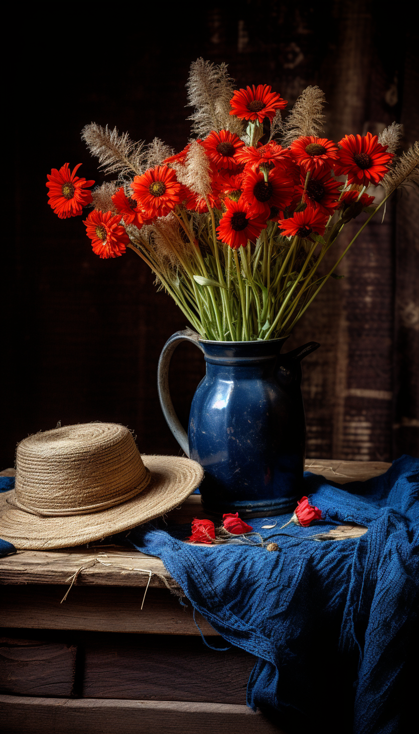 Image of a Cowboy Hat, Rope, Wilted Flowers, Gun