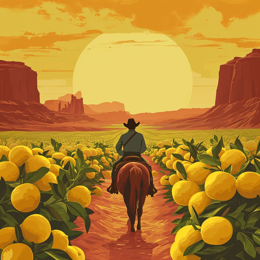 Cowboy riding horse herding lemons