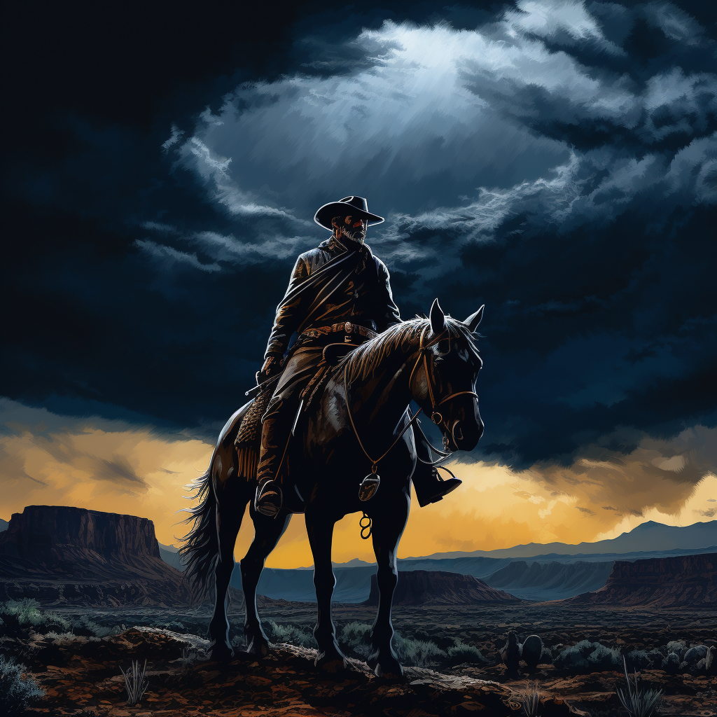 Cowboy on horse looking into the night