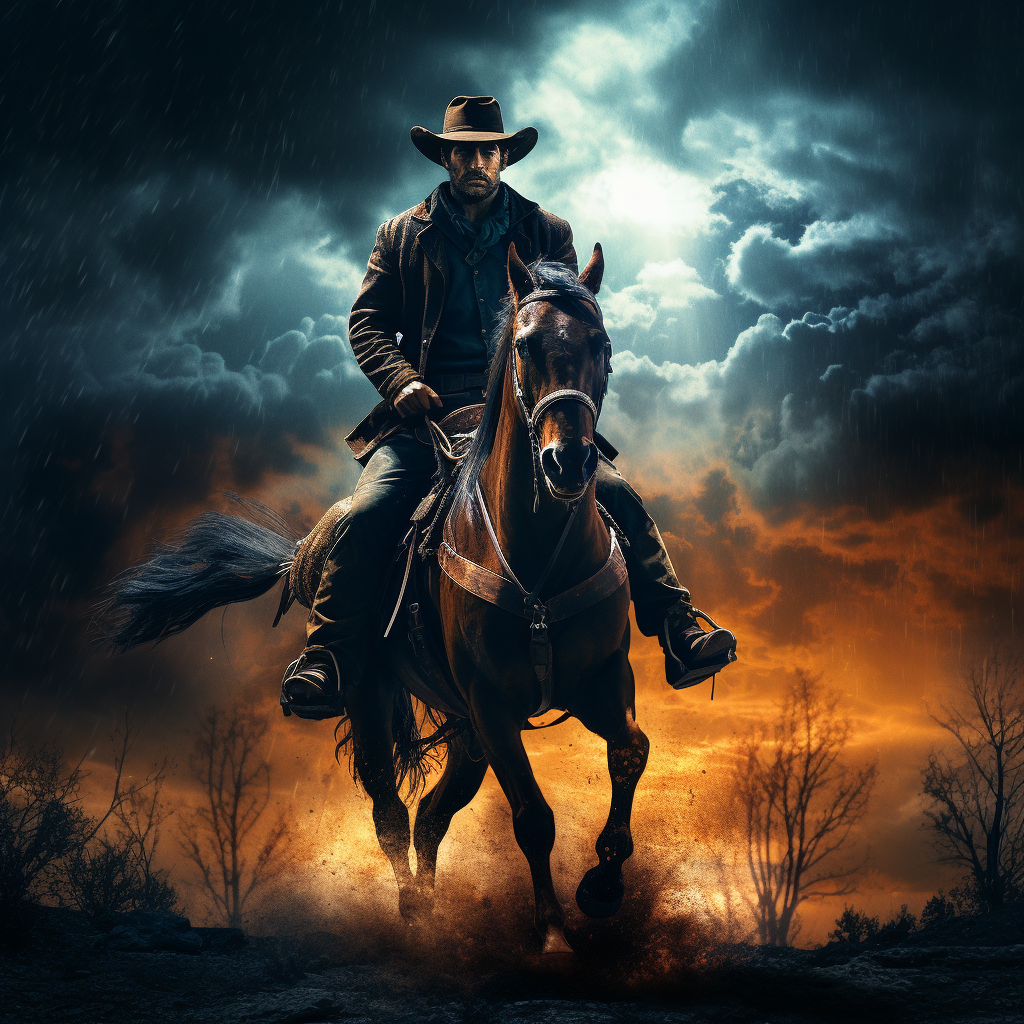 Mysterious cowboy on horse at night