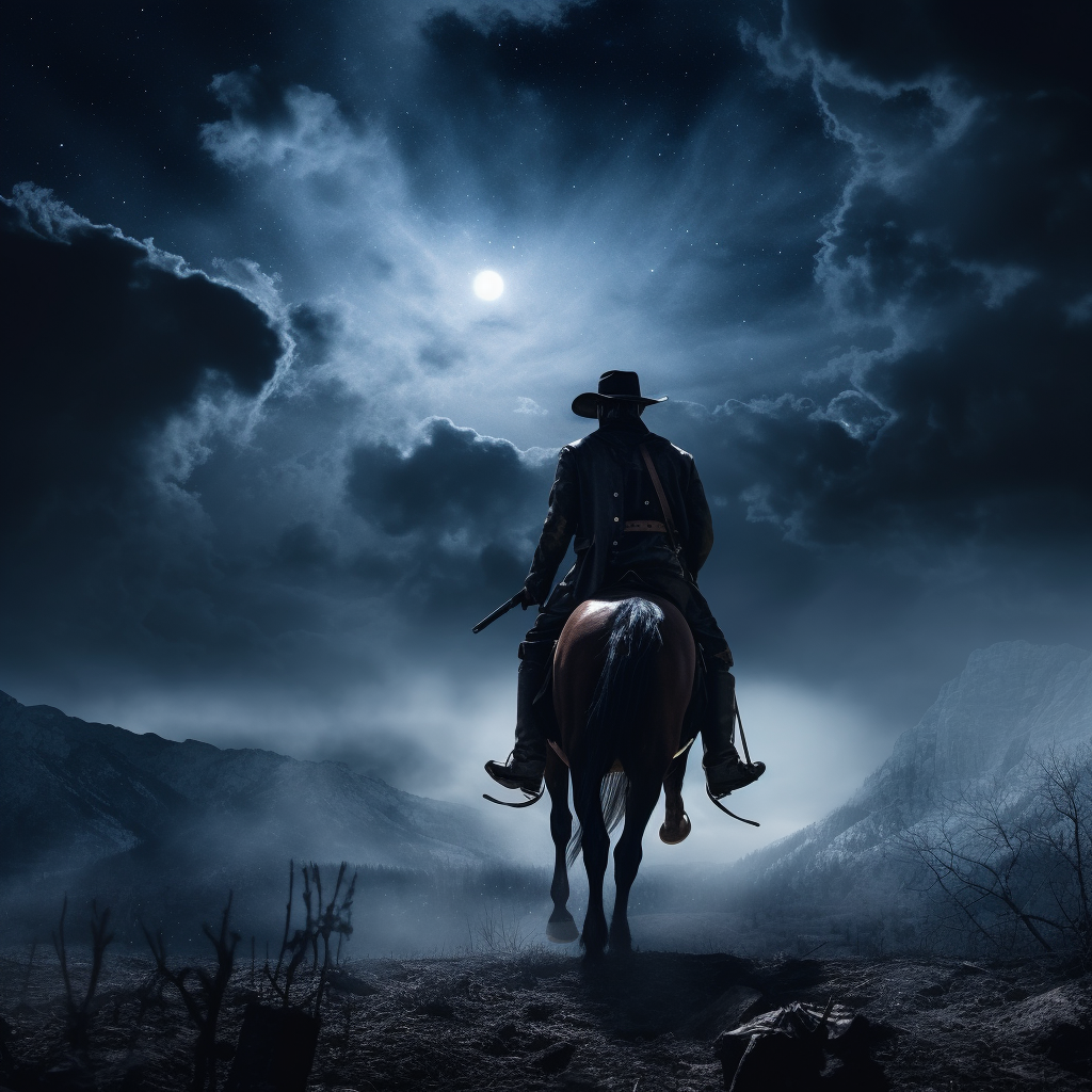 Silhouetted Cowboy on Horse in Moonlit Night