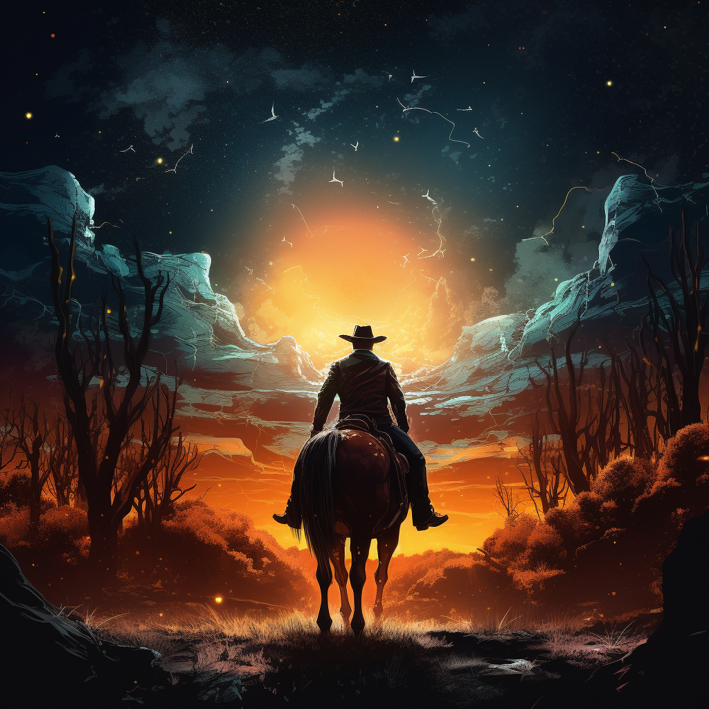 Cowboy riding horse at night