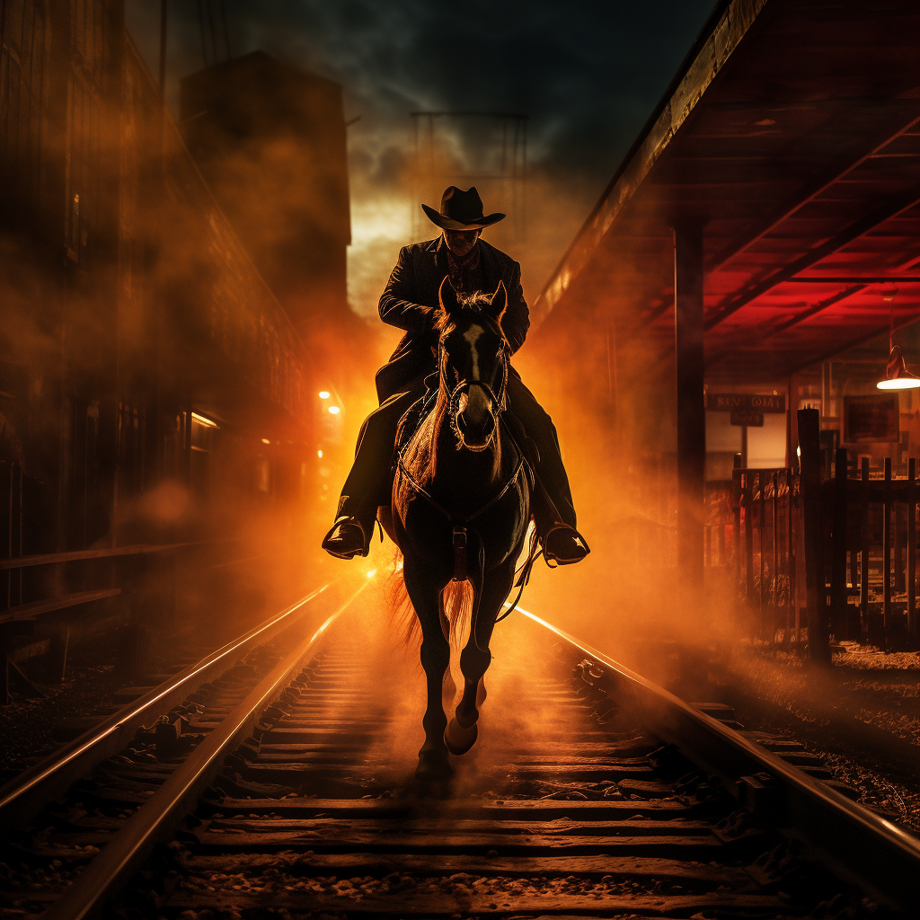 Cowboy on horse robbing train