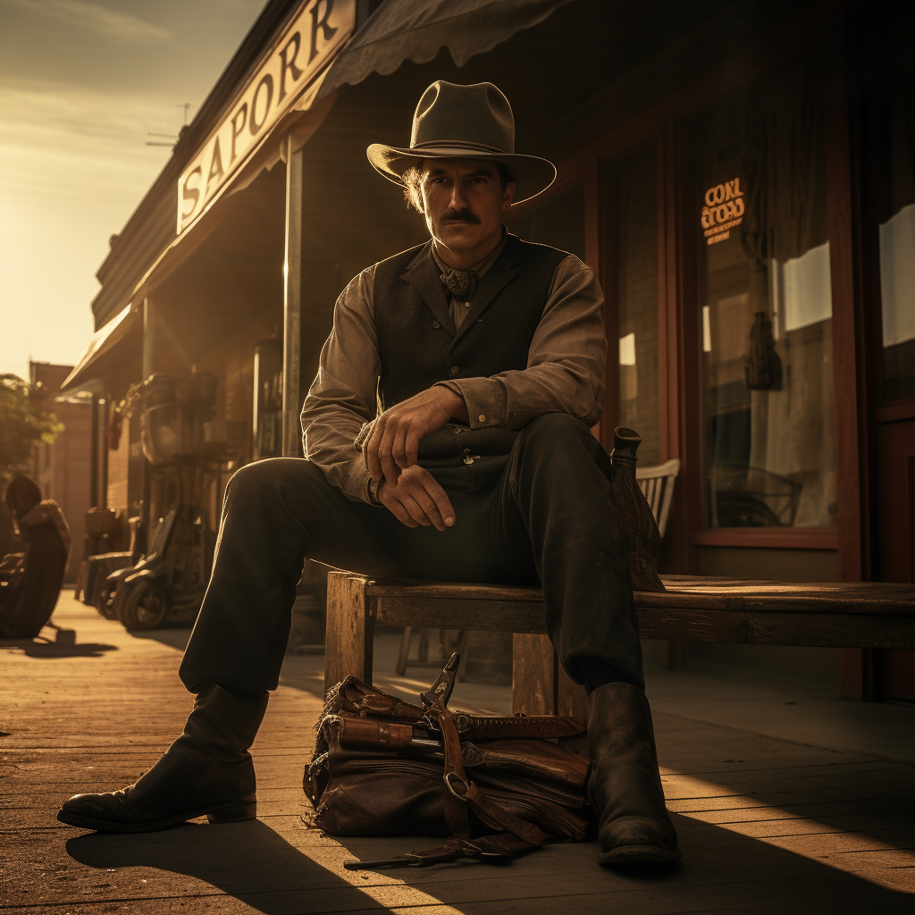 Sheriff Bat Masterson cleaning gun outside Dodge City office