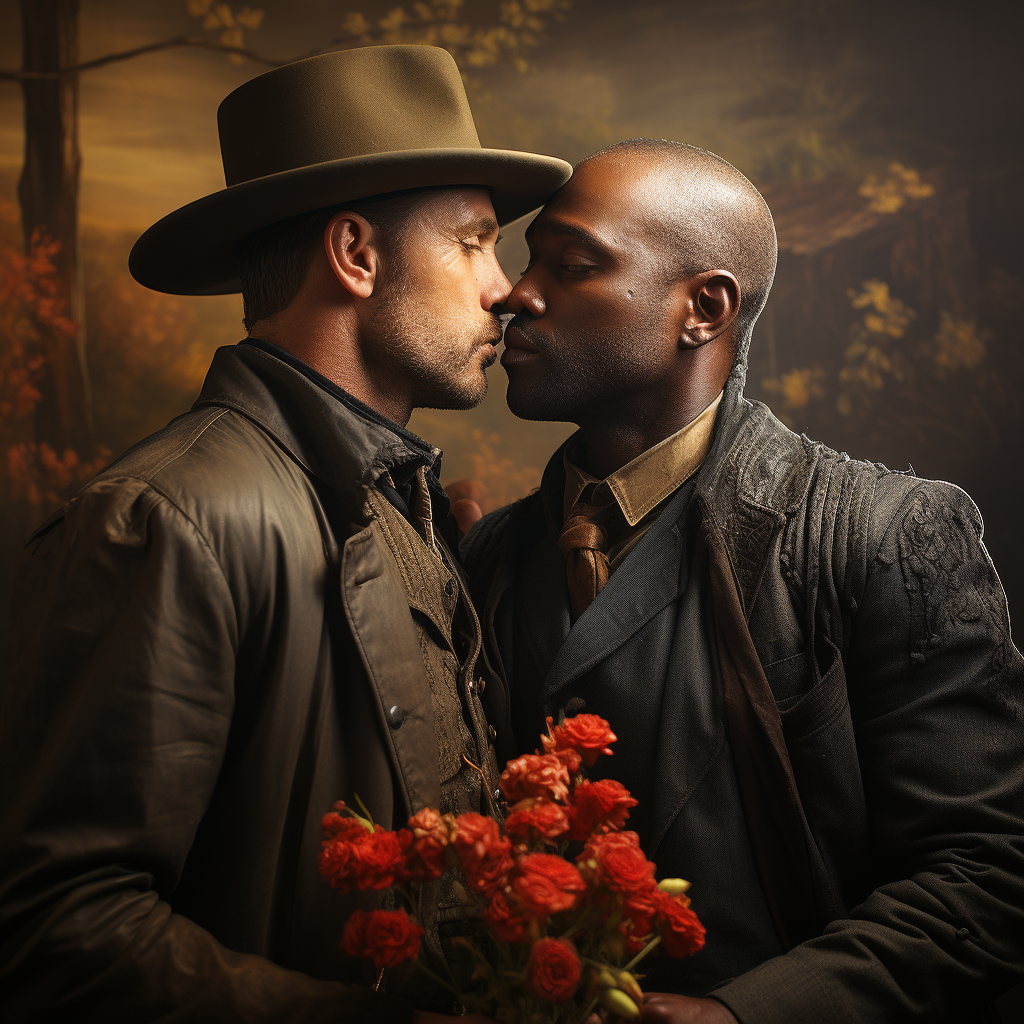 Two cowboy men kissing passionately