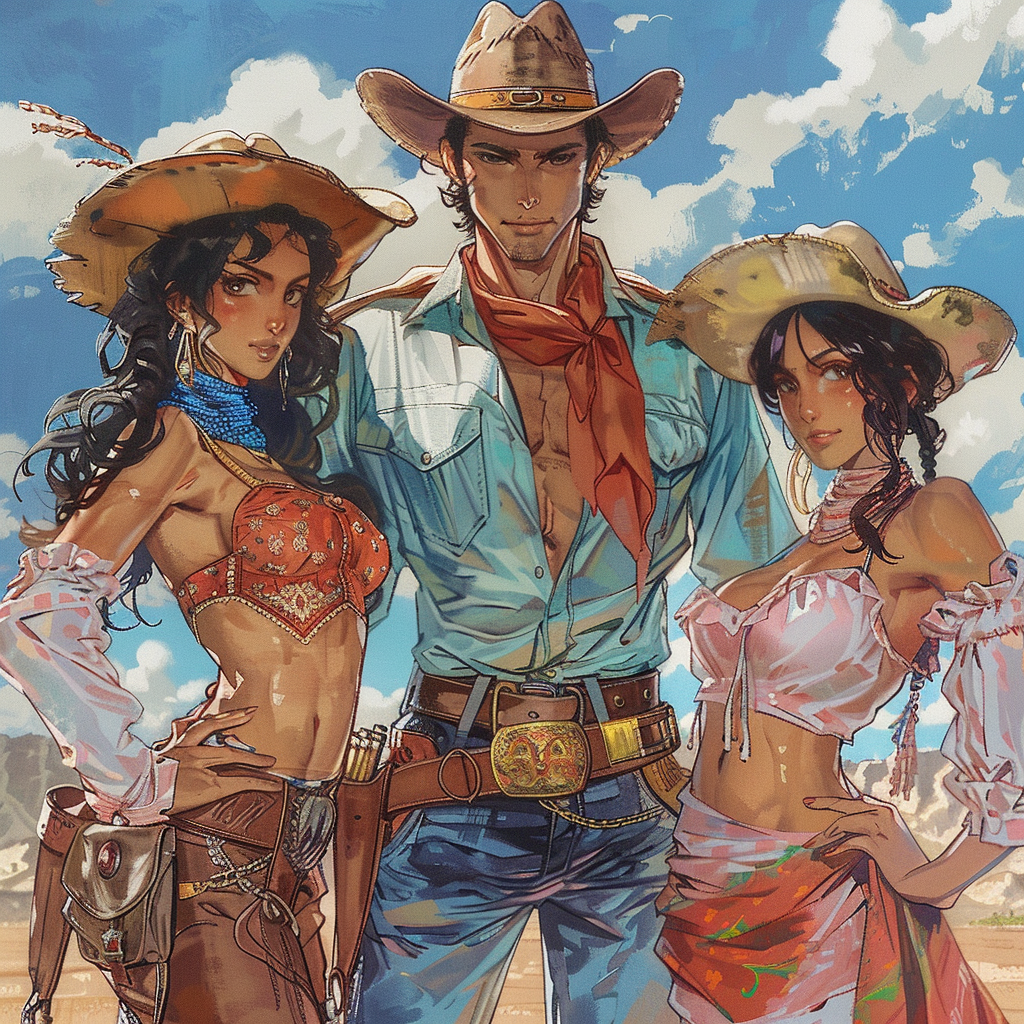 Cowboy with Moroccan girls in anime style