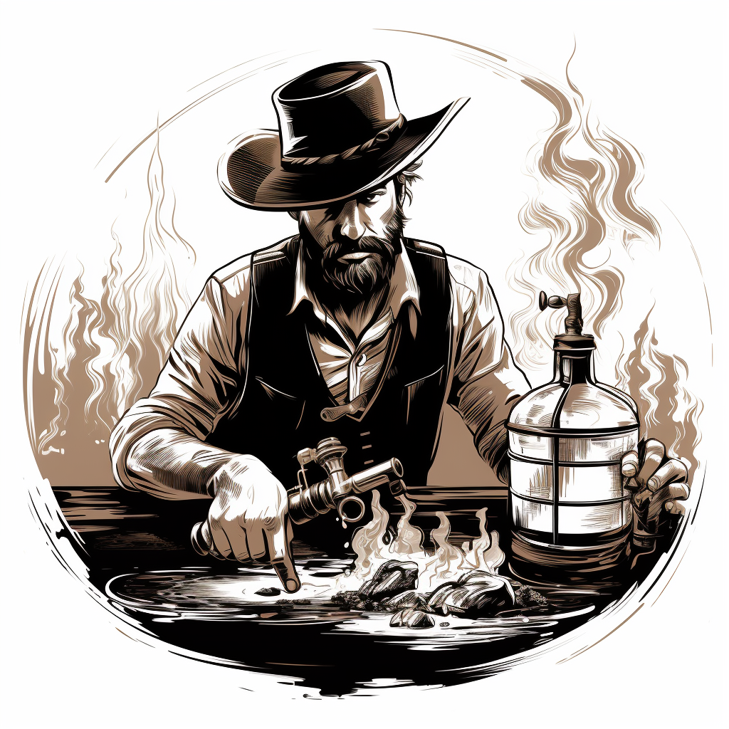 rugged cowboy overseeing distillation process whiskey vapors