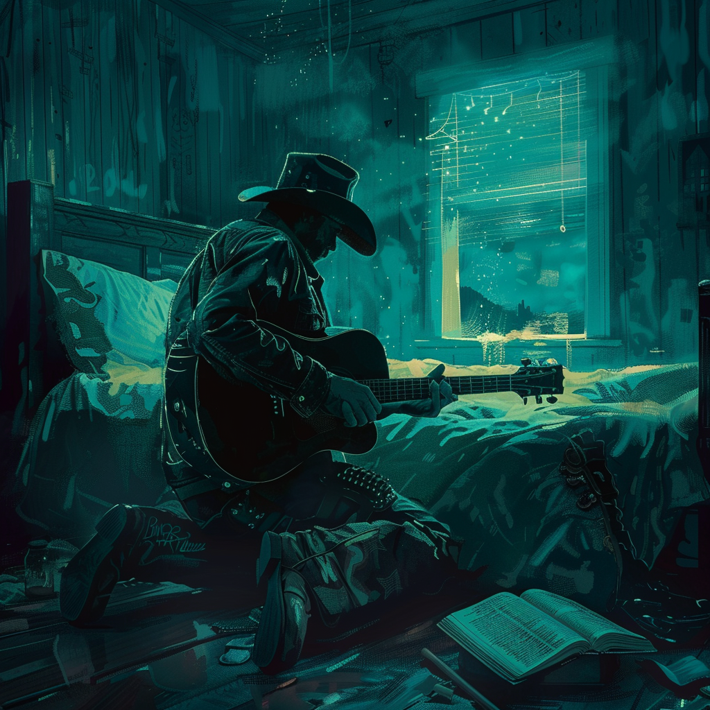 Cowboy playing guitar bed bible