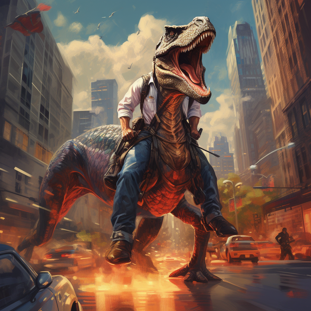 Cowboy riding dinosaur in Chicago street