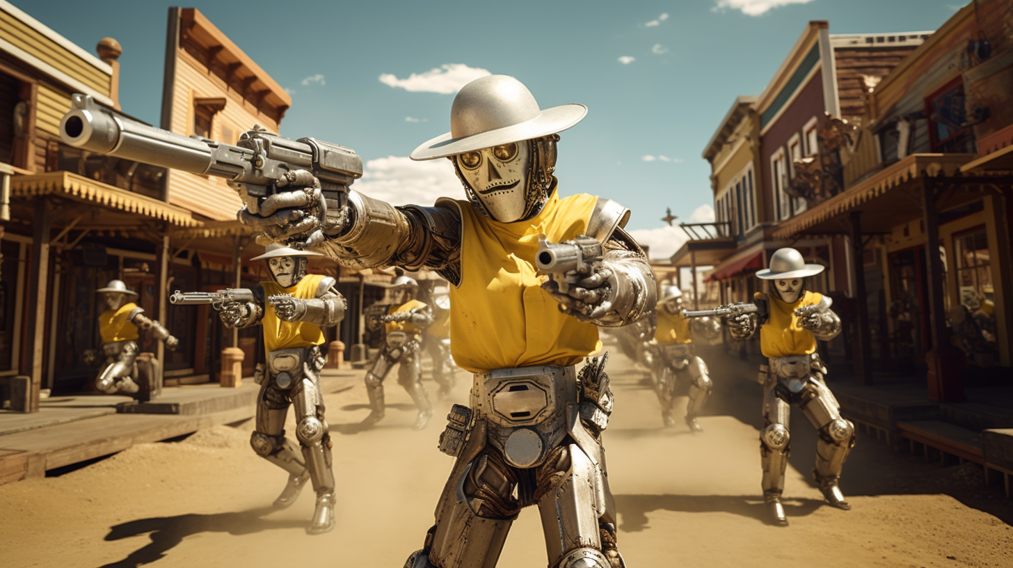 Cowboy robots engaged in shootout with banana guns