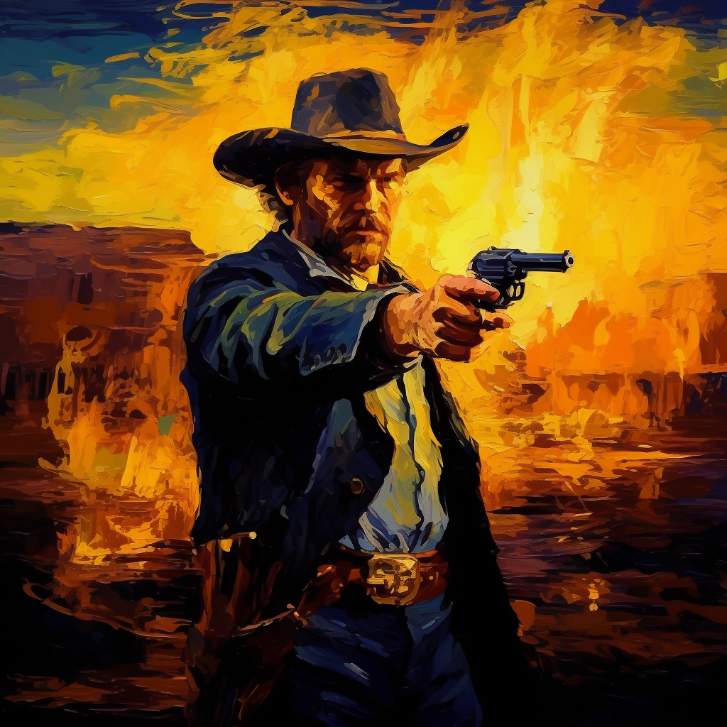 Cowboy shooting smoking gun in crack painting style